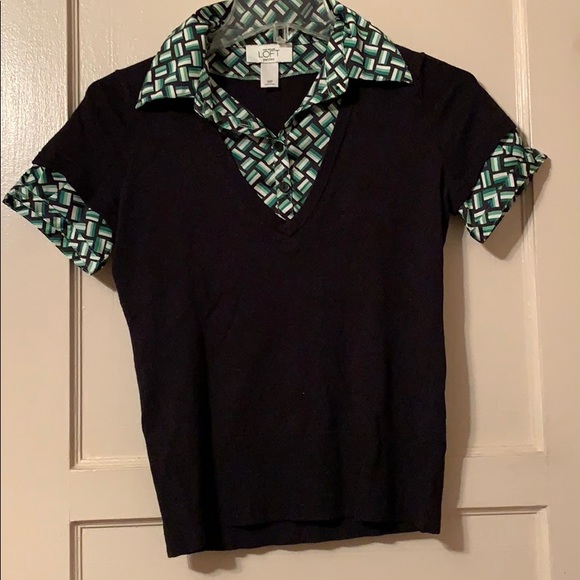 Y2K Ann Taylor LOFT Geometric TOP BLOUSE Built in vest PREPPY - Picture 1 of 4